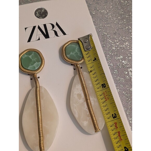 ZARA Double Stone Earrings Green Cream Gold Retro Teardrop Dangle Drop Glam NEW - Picture 7 of 9